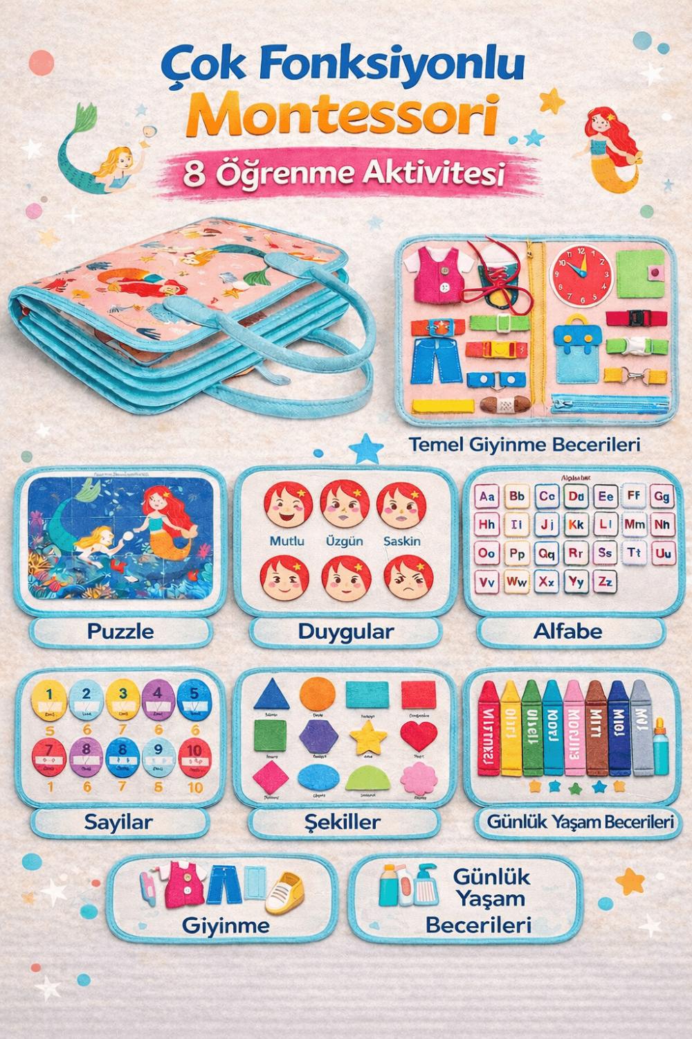 Montessori Aktivite Çantası  | 8 Sayfa Dinazor Ve Deniz Kızı Temalı