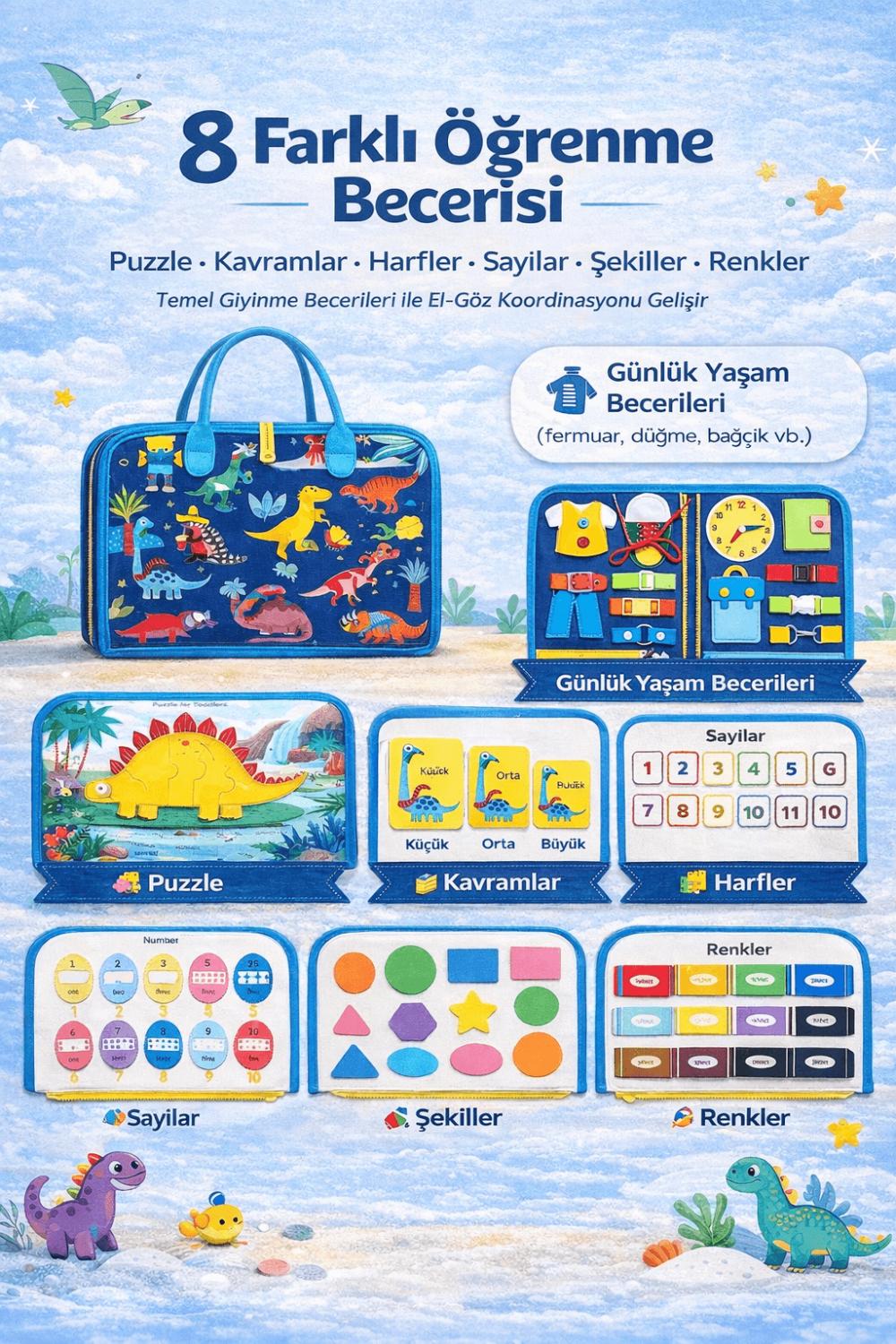 Montessori Aktivite Çantası  | 8 Sayfa Dinazor Ve Deniz Kızı Temalı